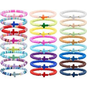Jesus WWJD Colorful Polymer Clay Beaded Bracelets Set - Religious Gift for Women